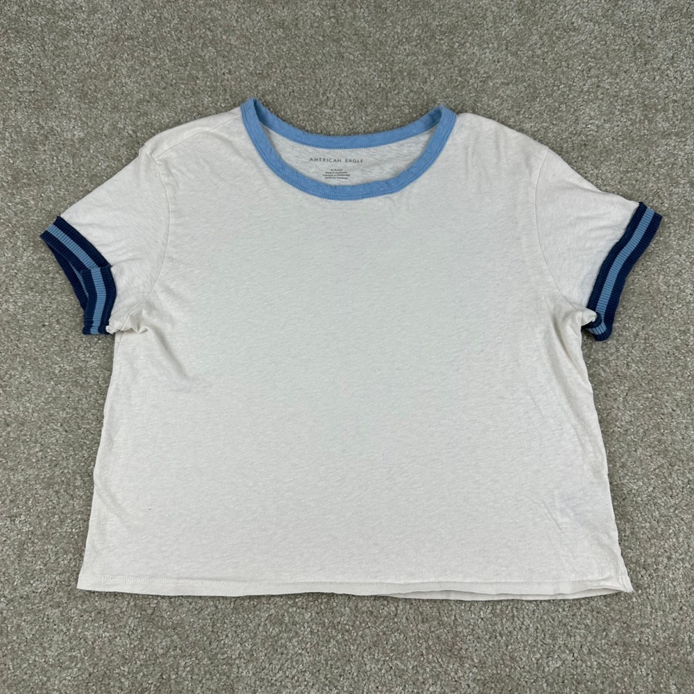 American Eagle Ringer Tee Small Cream Blue Striped Cotton Crop Top Retro Y2K